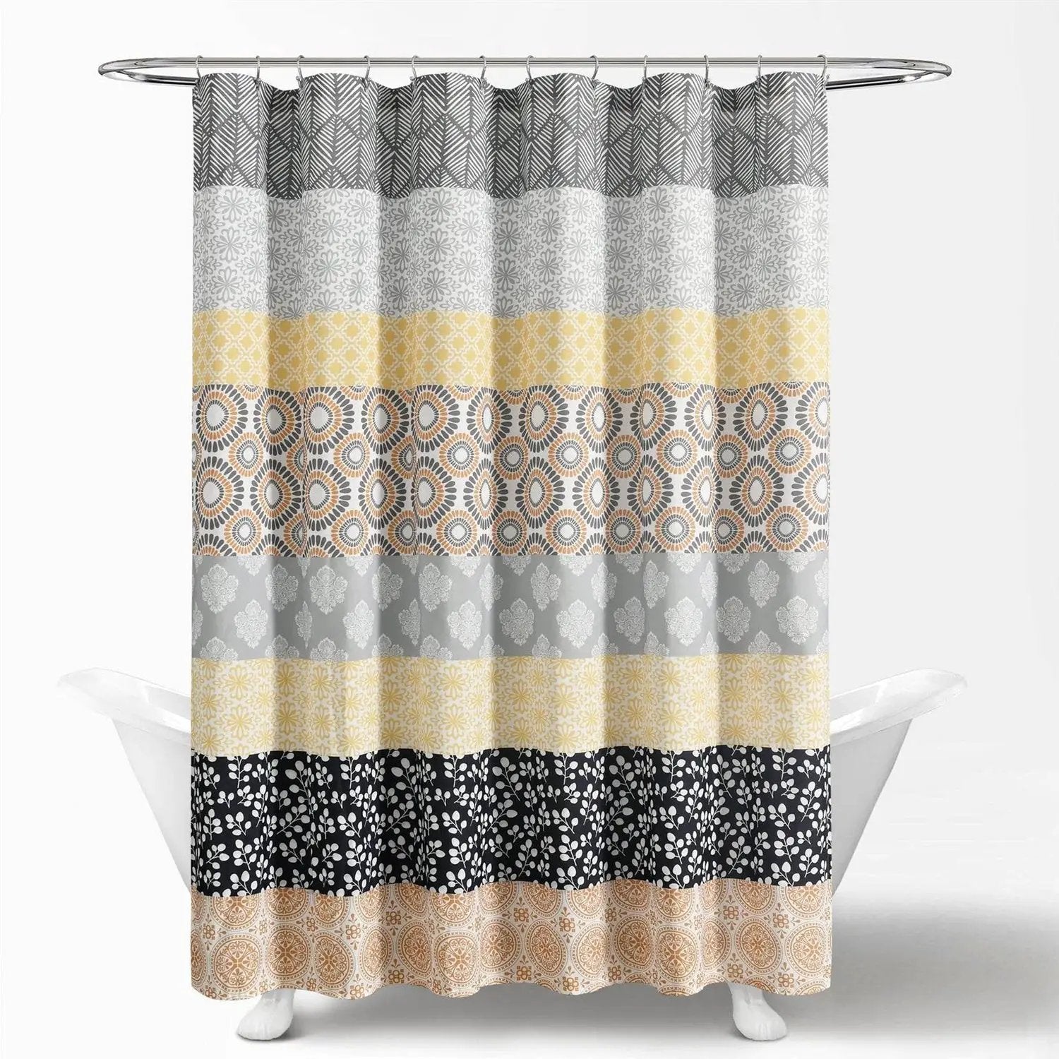 72-in. Yellow Black White Grey Floral Damask Boho Polyester Shower Curtain by HomePacific