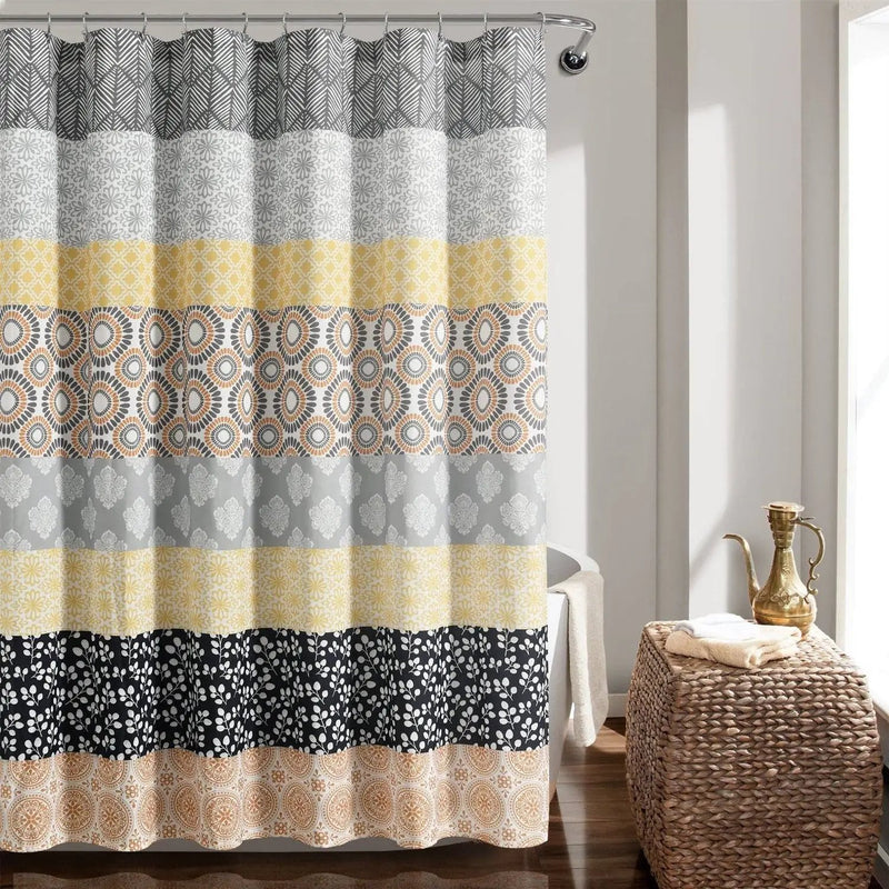 72-in. Yellow Black White Grey Floral Damask Boho Polyester Shower Curtain by HomePacific