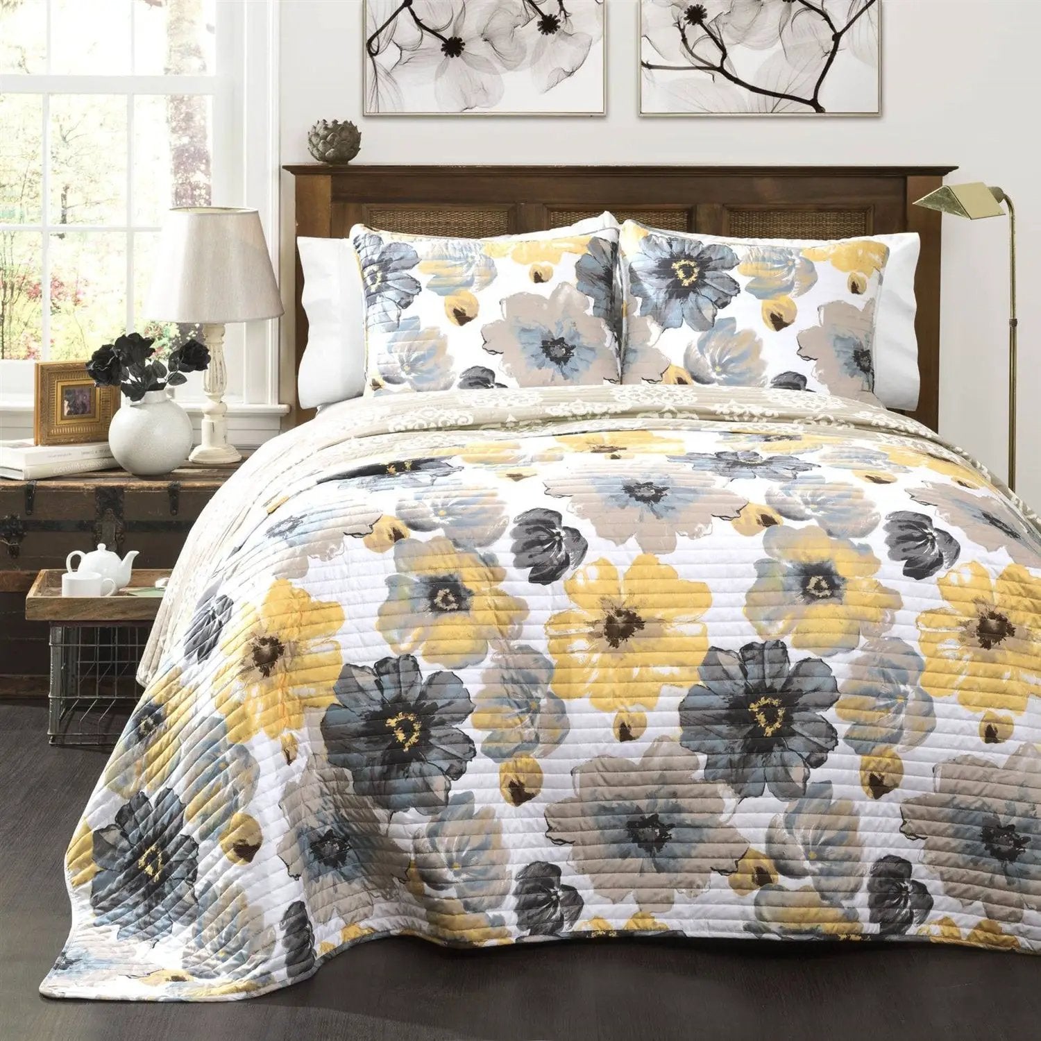 King size White Yellow Grey Flowers Lightweight Polyester Microfiber Quilt Set by HomePacific