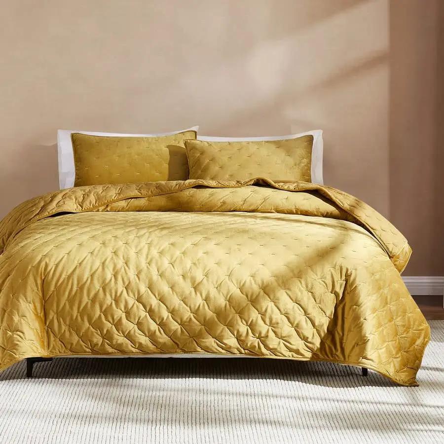 King/CAL King Size 3-Piece Mustard Yellow Velvet Embroidered Super Soft Quilt Set by HomePacific