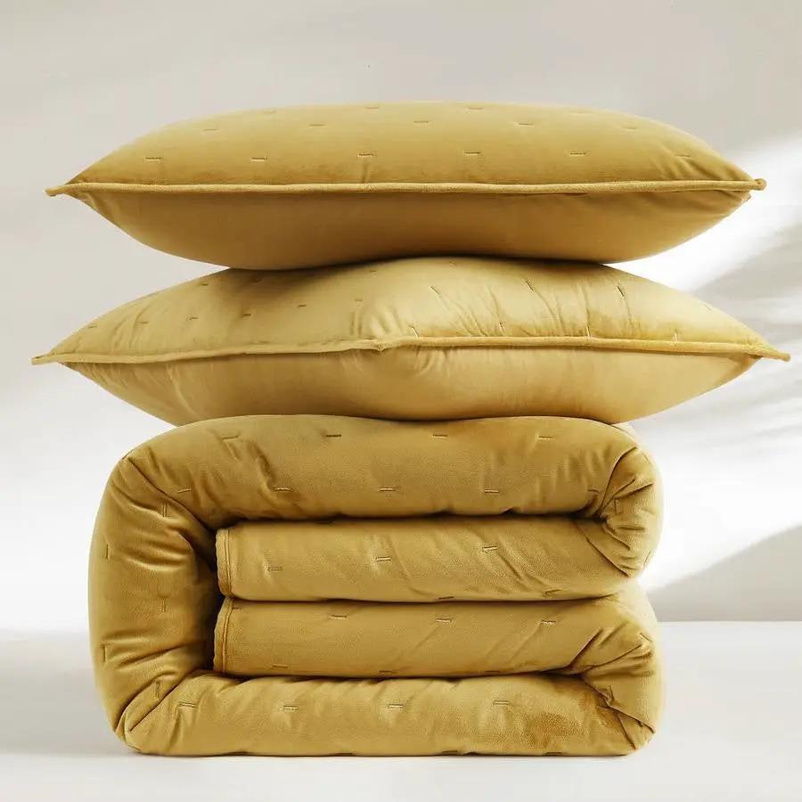King/CAL King Size 3-Piece Mustard Yellow Velvet Embroidered Super Soft Quilt Set by HomePacific