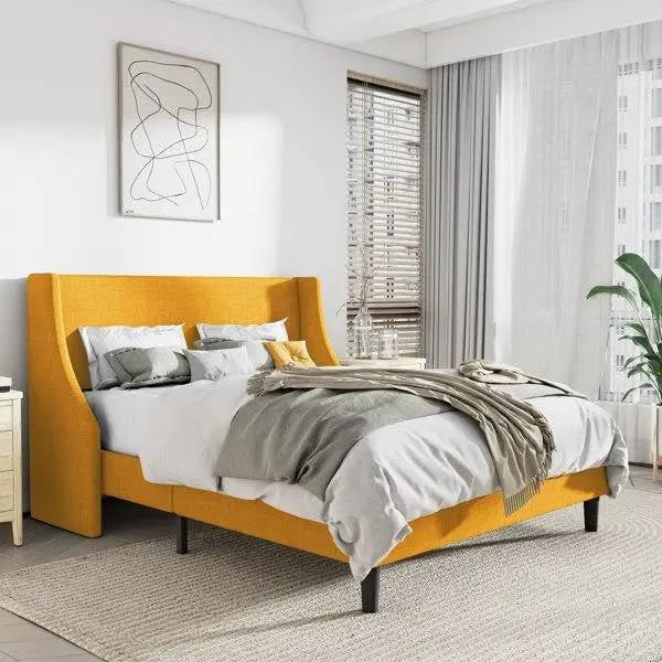 King Size Upholstered Linen Blend Headboard Wingback Platform Bed in Yellow by HomePacific