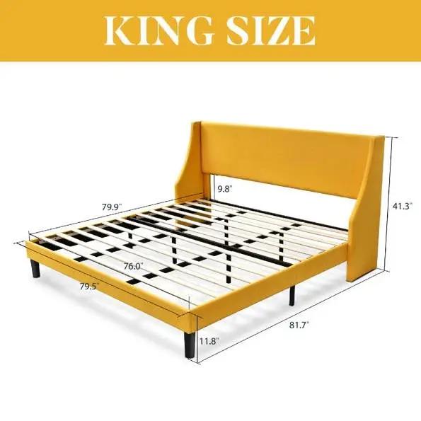 King Size Upholstered Linen Blend Headboard Wingback Platform Bed in Yellow by HomePacific