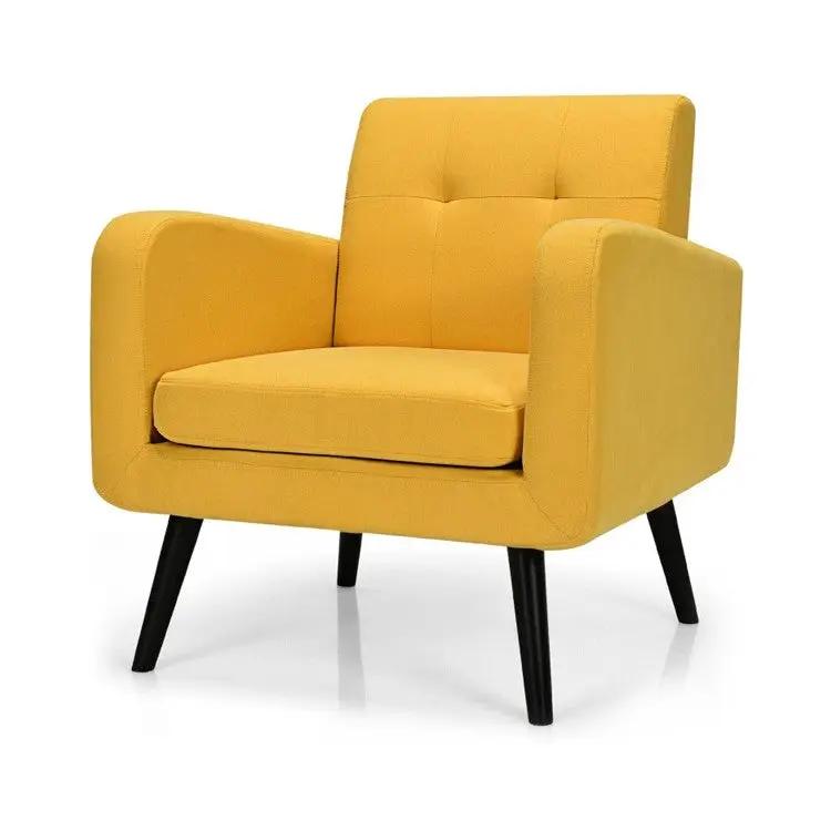 Mid-Century Modern Yellow Linen Upholstered Accent Chair with Wooden Legs by HomePacific