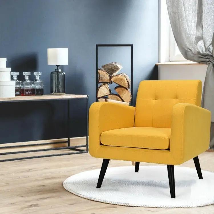 Mid-Century Modern Yellow Linen Upholstered Accent Chair with Wooden Legs by HomePacific