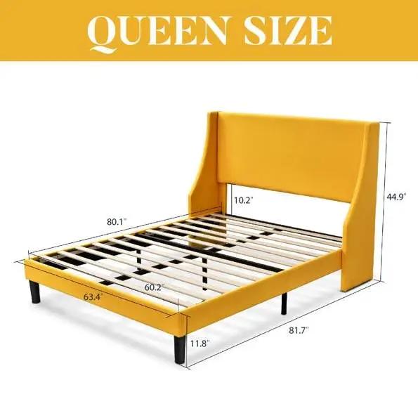 Queen Size Yellow Linen Blend Upholstered Platform Bed with Wingback Headboard by HomePacific