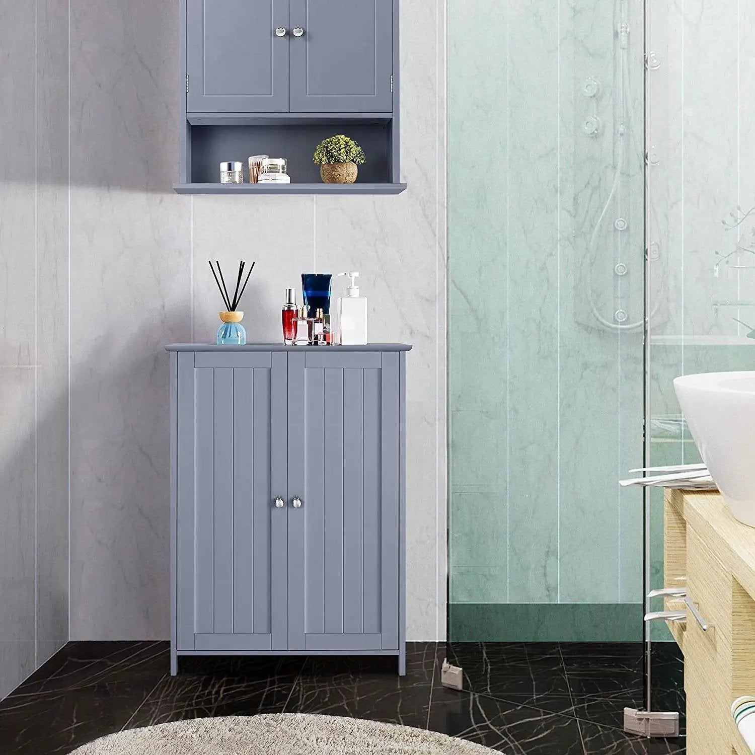 Gray Wood 2-Door Freestanding Bathroom Floor Cabinet Kitchen Storage Cupboard by HomePacific