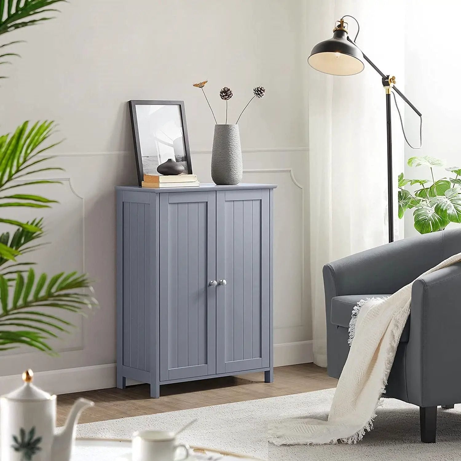 Gray Wood 2-Door Freestanding Bathroom Floor Cabinet Kitchen Storage Cupboard by HomePacific