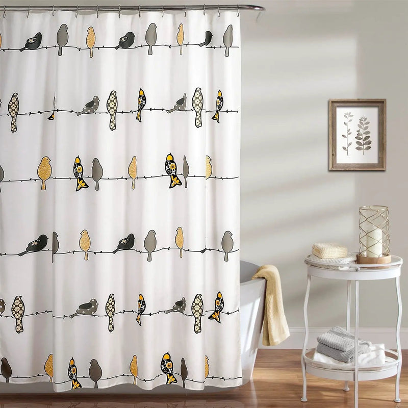 72 x 72 inch Yellow Grey Birds Floral Polyester Machine-Washable Shower Curtain by HomePacific