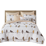 Full/Queen Yellow Brown Grey Floral Birds On Wire Lightweight 7 Piece Quilt Set by HomePacific