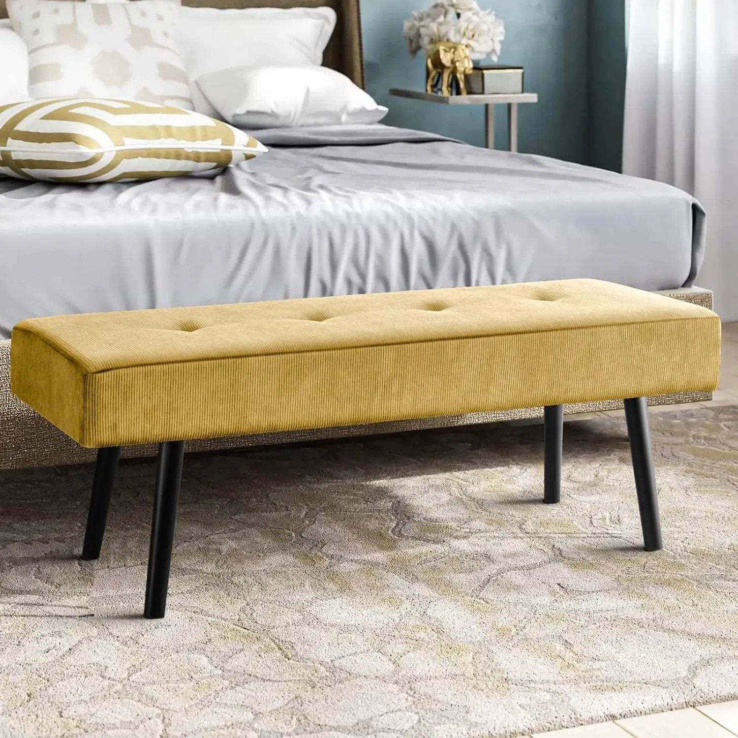 Modern Yellow Corduroy Upholstered End of Bed Bench with Black Metal Legs by HomePacific