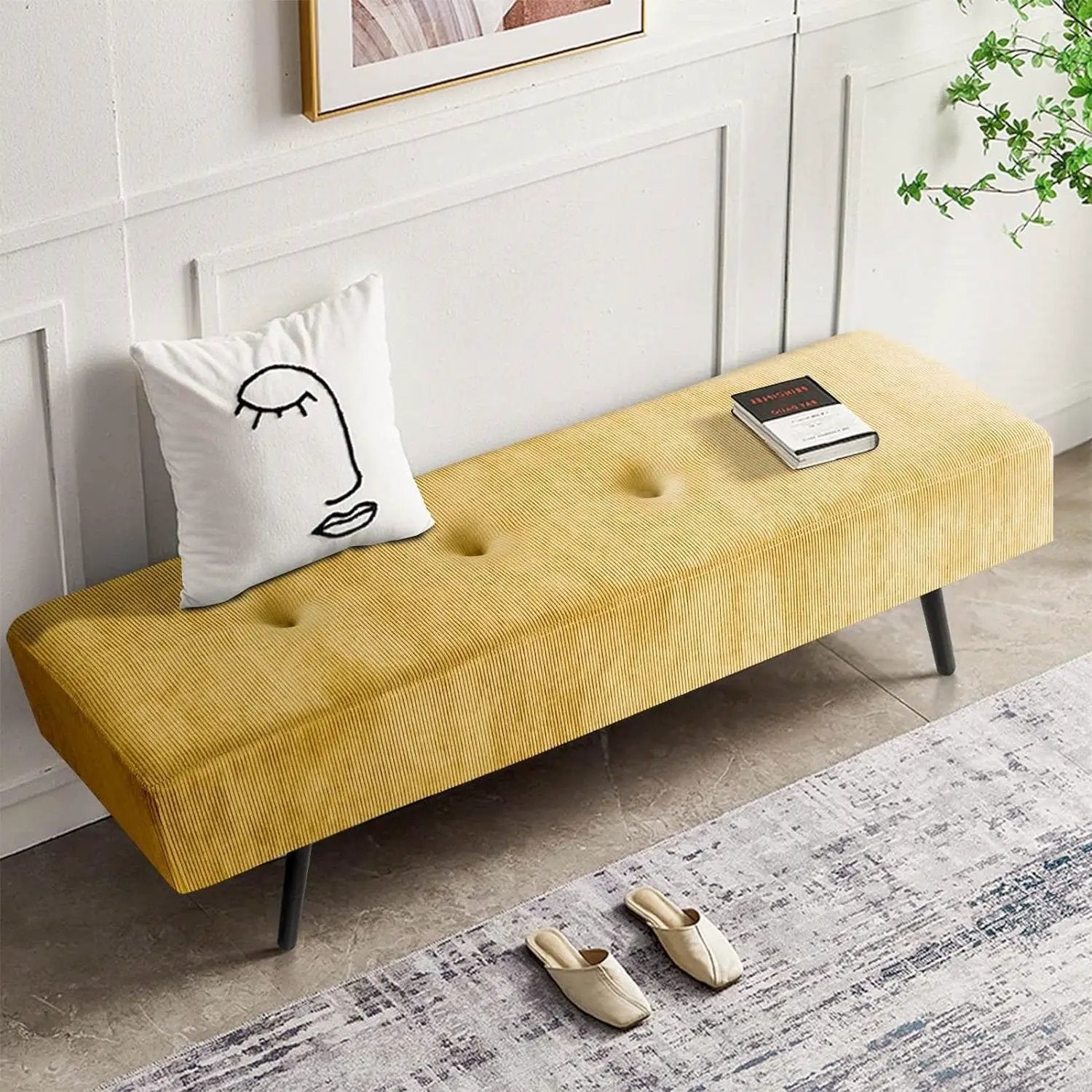 Modern Yellow Corduroy Upholstered End of Bed Bench with Black Metal Legs by HomePacific