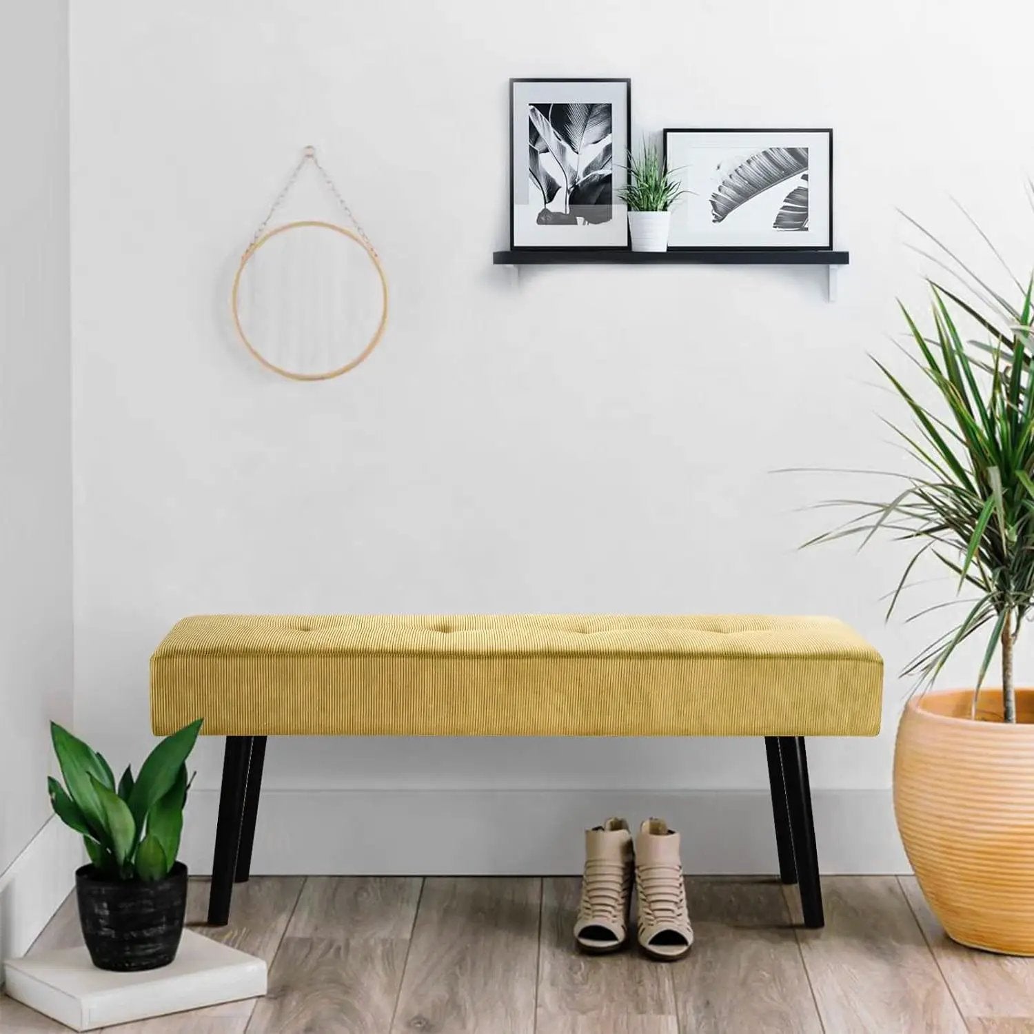 Modern Yellow Corduroy Upholstered End of Bed Bench with Black Metal Legs by HomePacific