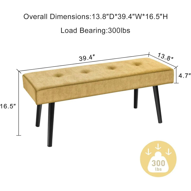 Modern Yellow Corduroy Upholstered End of Bed Bench with Black Metal Legs by HomePacific