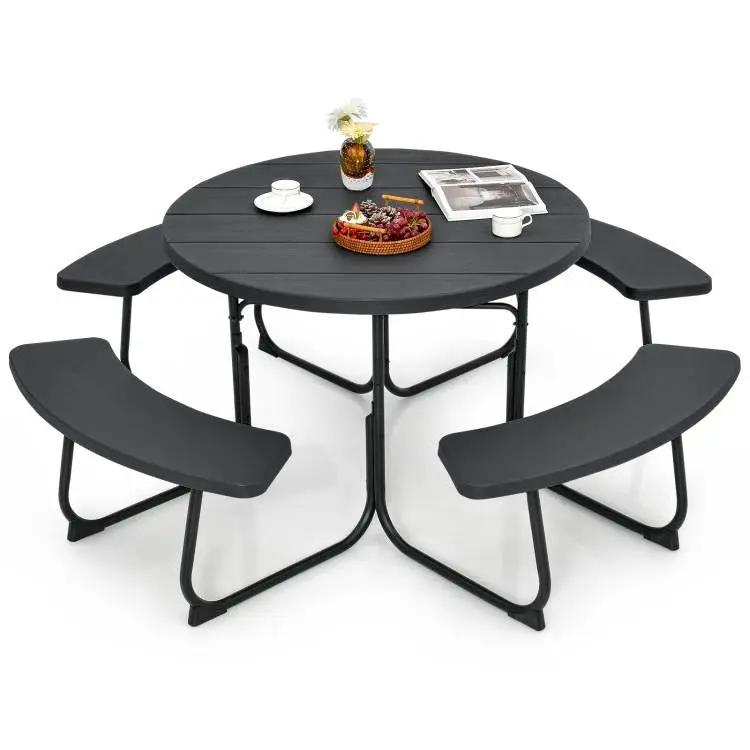 Black Outdoor Metal and HDPE Picnic Table Bench Set with Umbrella Hole - Seats 8 by HomePacific