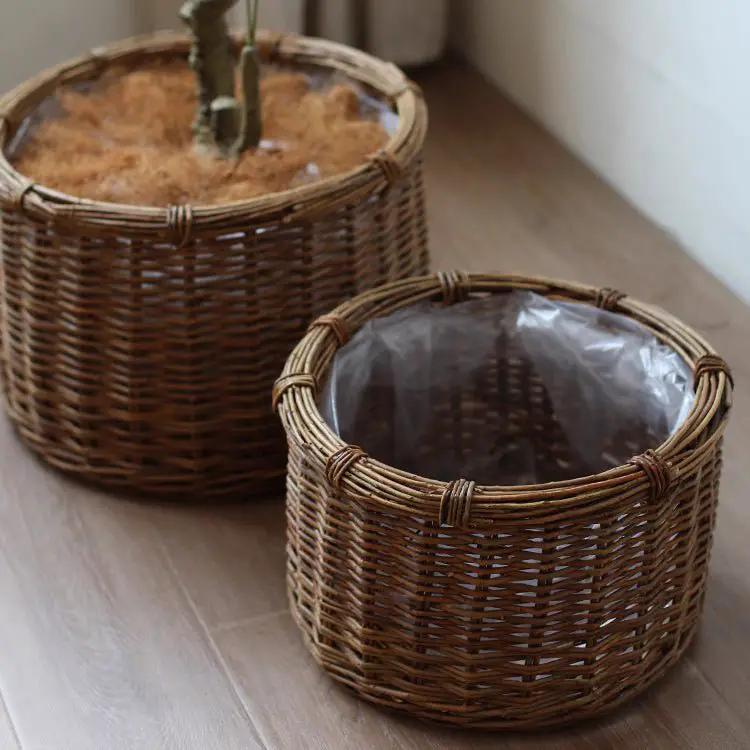 Rustic Round Wicker Planter with Liner by RusticReach