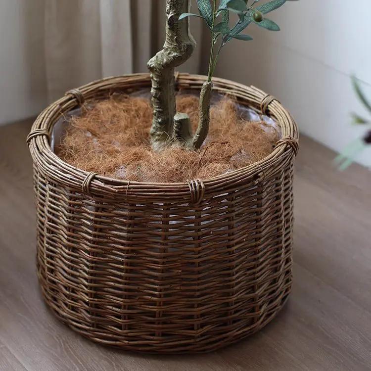 Rustic Round Wicker Planter with Liner by RusticReach
