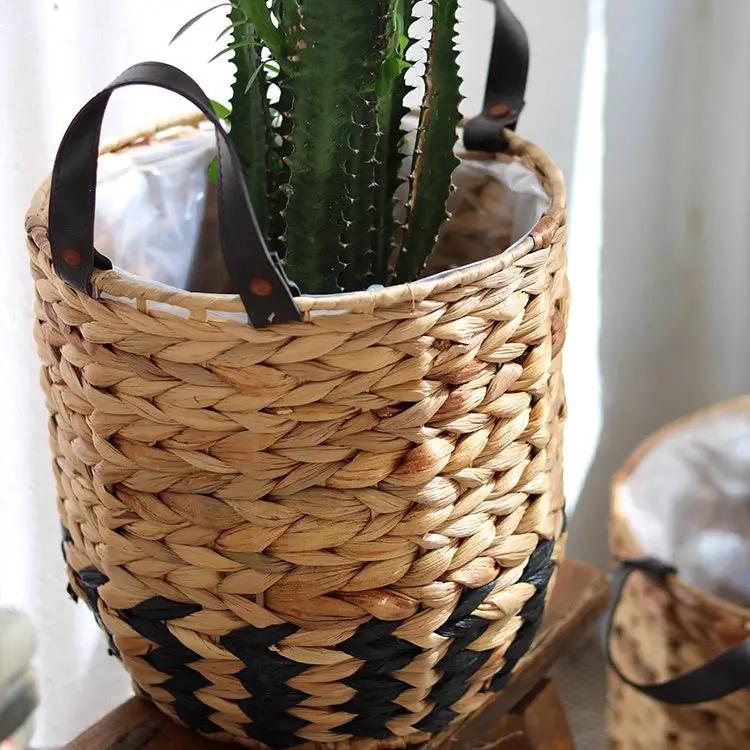 Two-Tone Basket Planter with Leather Handles by RusticReach