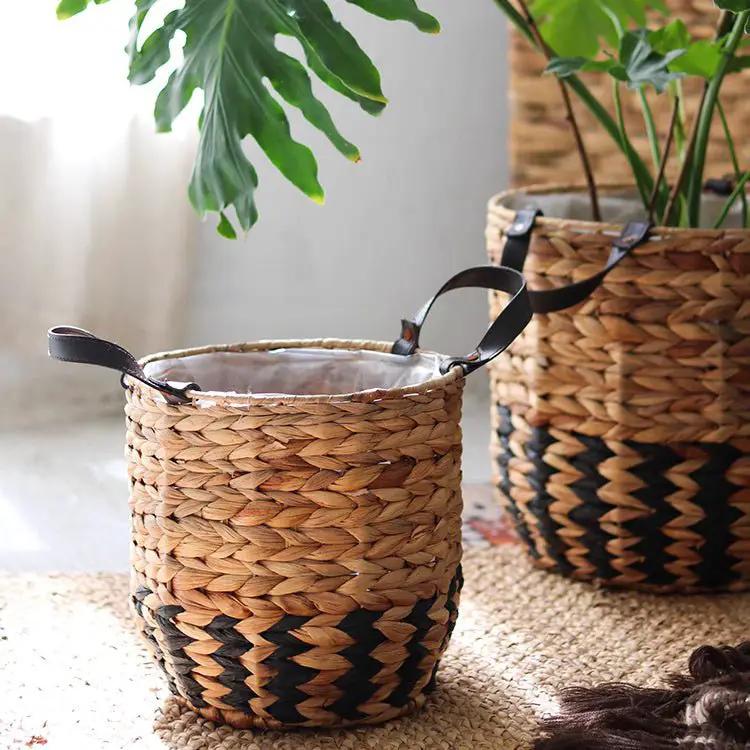 Two-Tone Basket Planter with Leather Handles by RusticReach