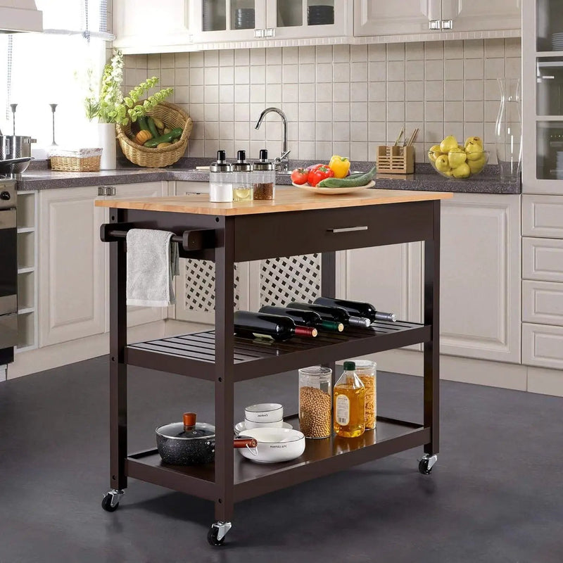 Black Kitchen Island Cart with Wood Top 2-Shelves Drawer and Locking Wheels by HomePacific