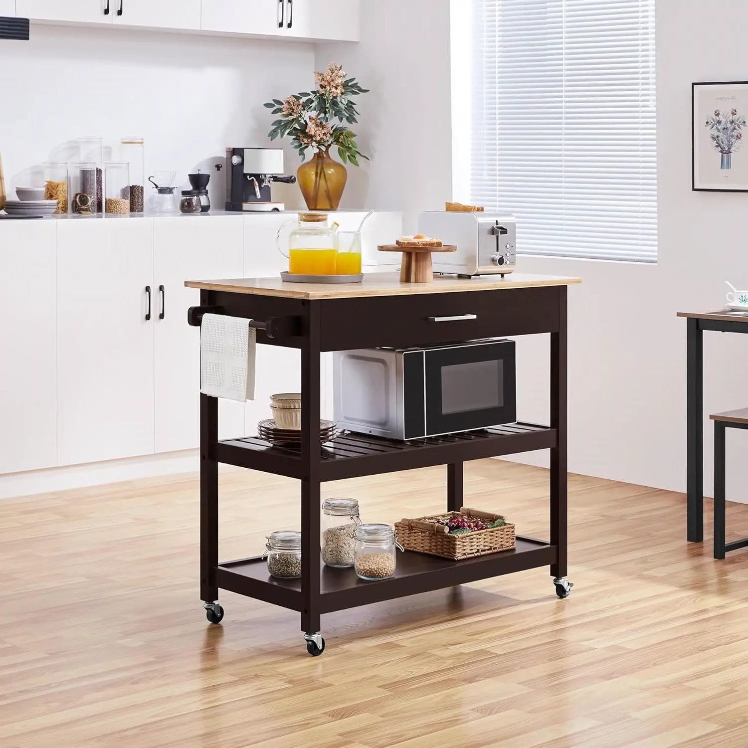 Black Kitchen Island Cart with Wood Top 2-Shelves Drawer and Locking Wheels by HomePacific