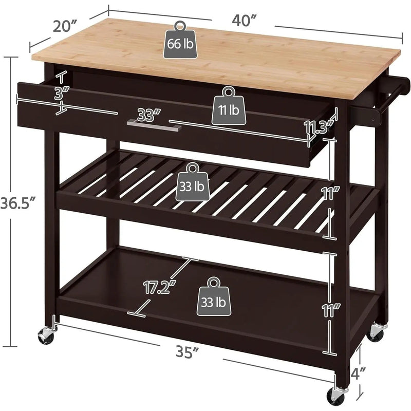 Black Kitchen Island Cart with Wood Top 2-Shelves Drawer and Locking Wheels by HomePacific