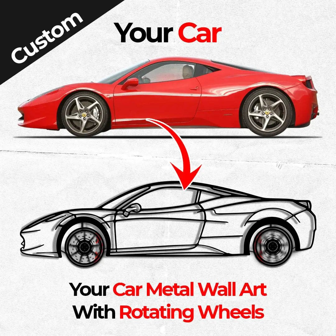 Custom Car Metal Wall Art with Spinning Wheels, Personalized Car Design, Custom Auto Gift for Men, Garage Decor, Your Car Line Art-KAFMEKA048 by Enova Art