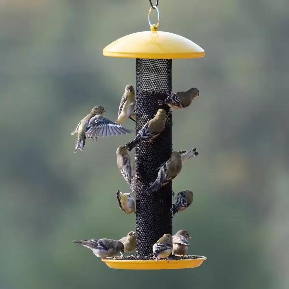 Durable Metal Mesh Tube Hanging Bird Feeder with Yellow Top and Perch by HomePacific
