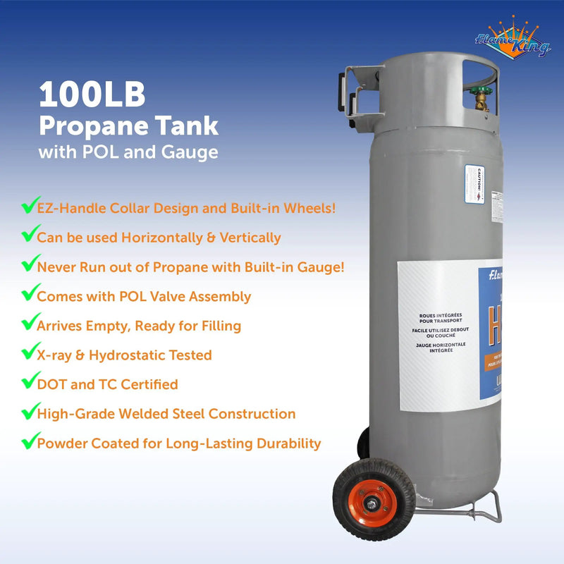 Flame King 100lb Empty Horizontal & Vertical Propane Cylinder with POL & Wheels by Flame King Products