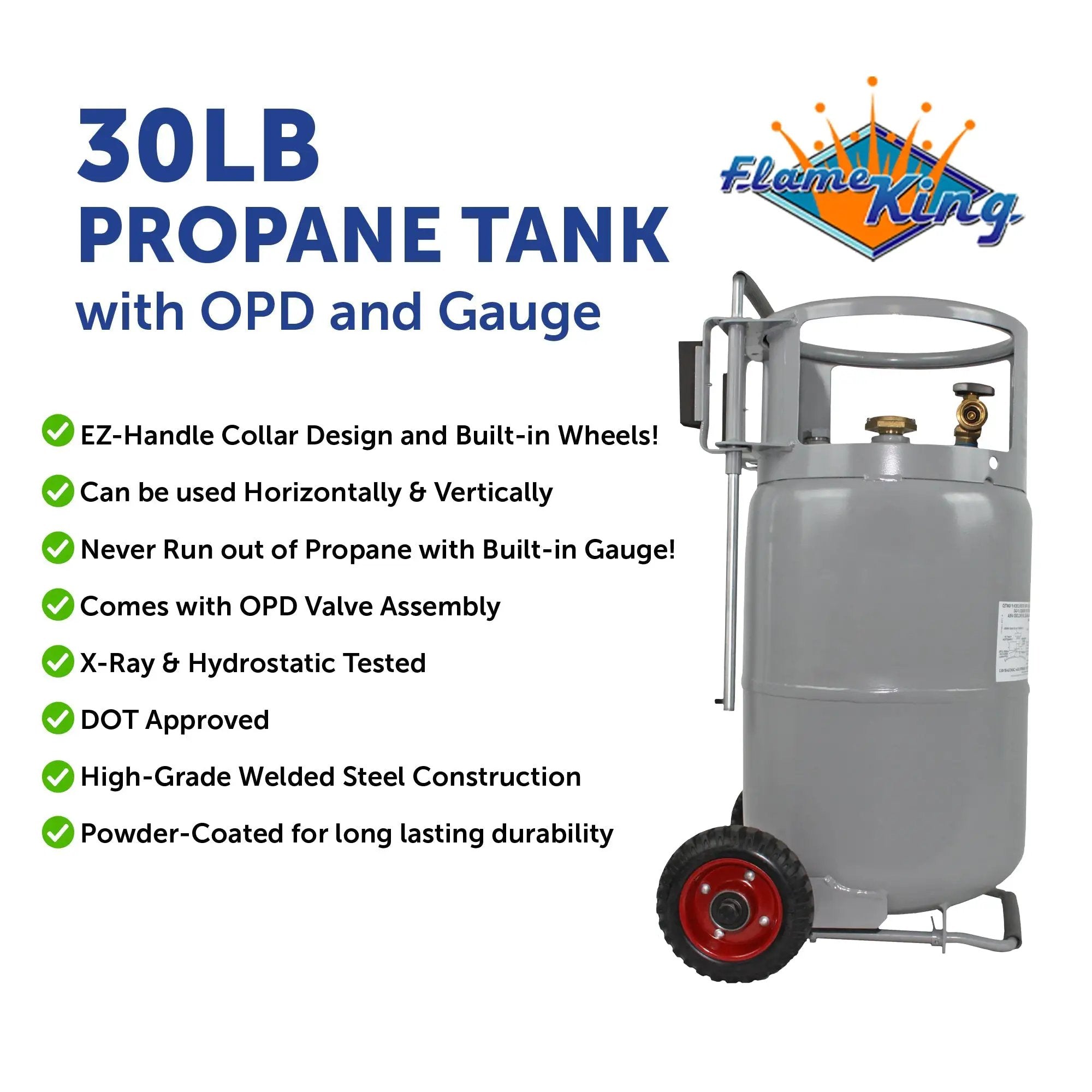 Flame King 30lb Horizontal & Vertical Propane Cylinder Gauge OPD & Wheels by Flame King Products
