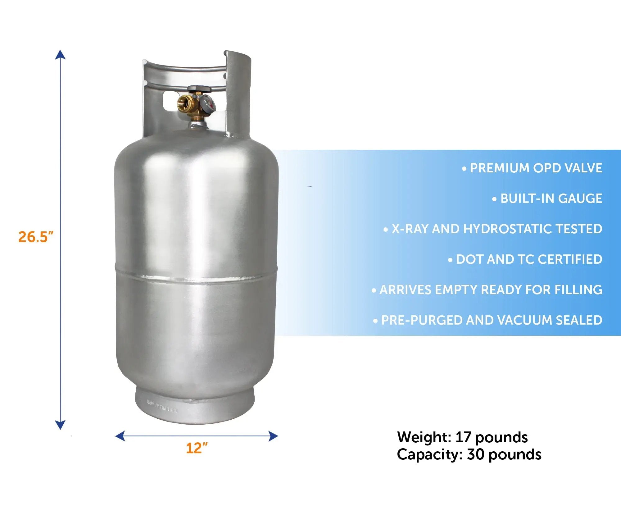 Flame King Lightweight 30lb Aluminum Propane Tank Cylinder Gauge and OPD Valve by Flame King Products