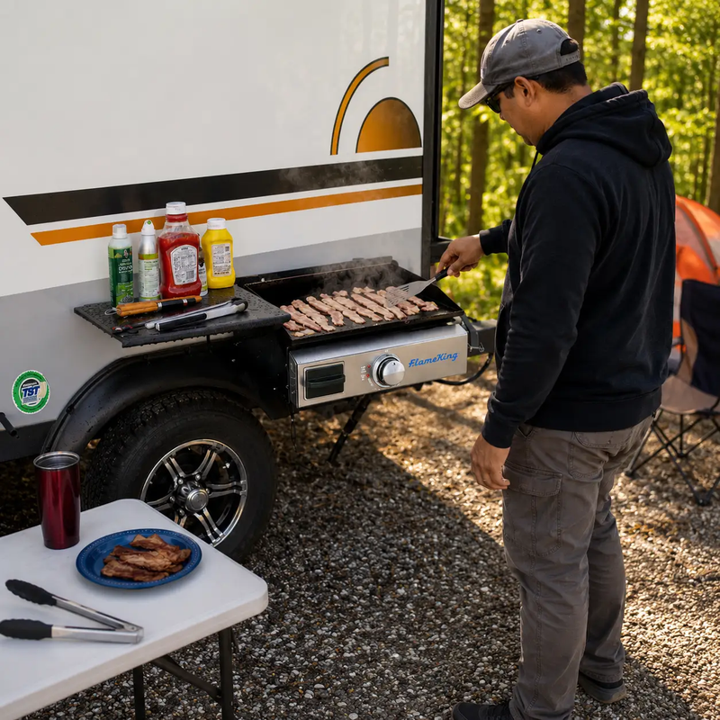 Flame King 17 inch LP Griddle with Small Regulator for RV pullout by Flame King Products