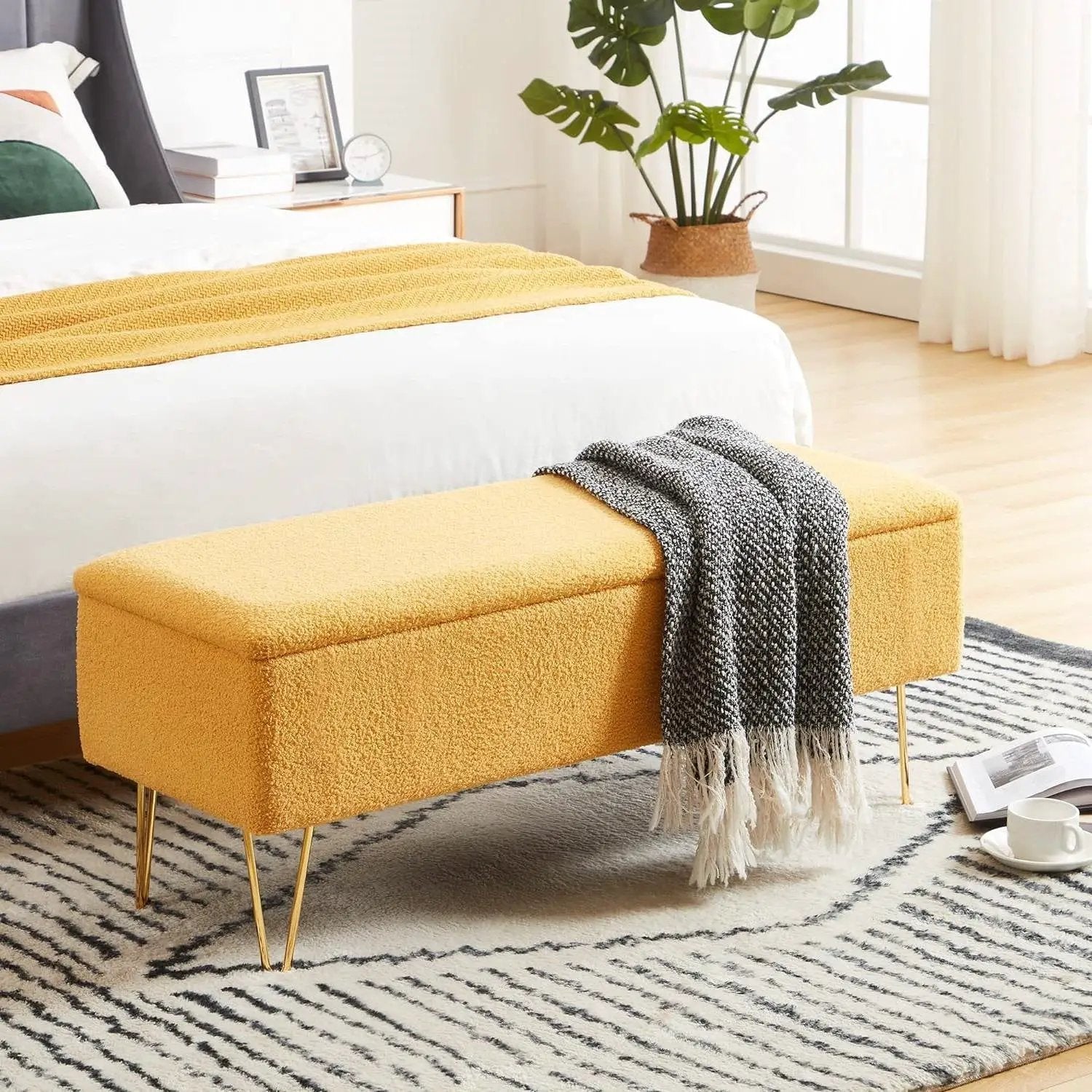 Yellow Sherpa Fabric Upholstered End of Bed Storage Bench with Gold Finish Legs by HomePacific