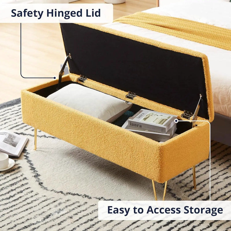 Yellow Sherpa Fabric Upholstered End of Bed Storage Bench with Gold Finish Legs by HomePacific