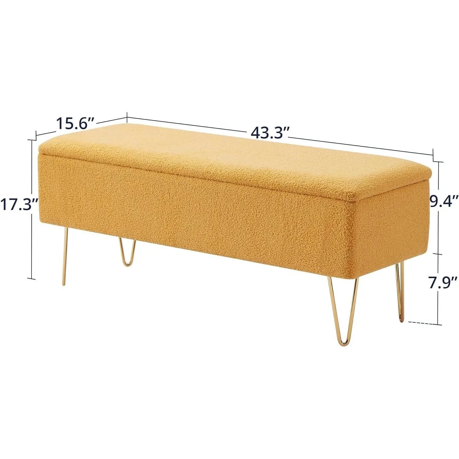 Yellow Sherpa Fabric Upholstered End of Bed Storage Bench with Gold Finish Legs by HomePacific