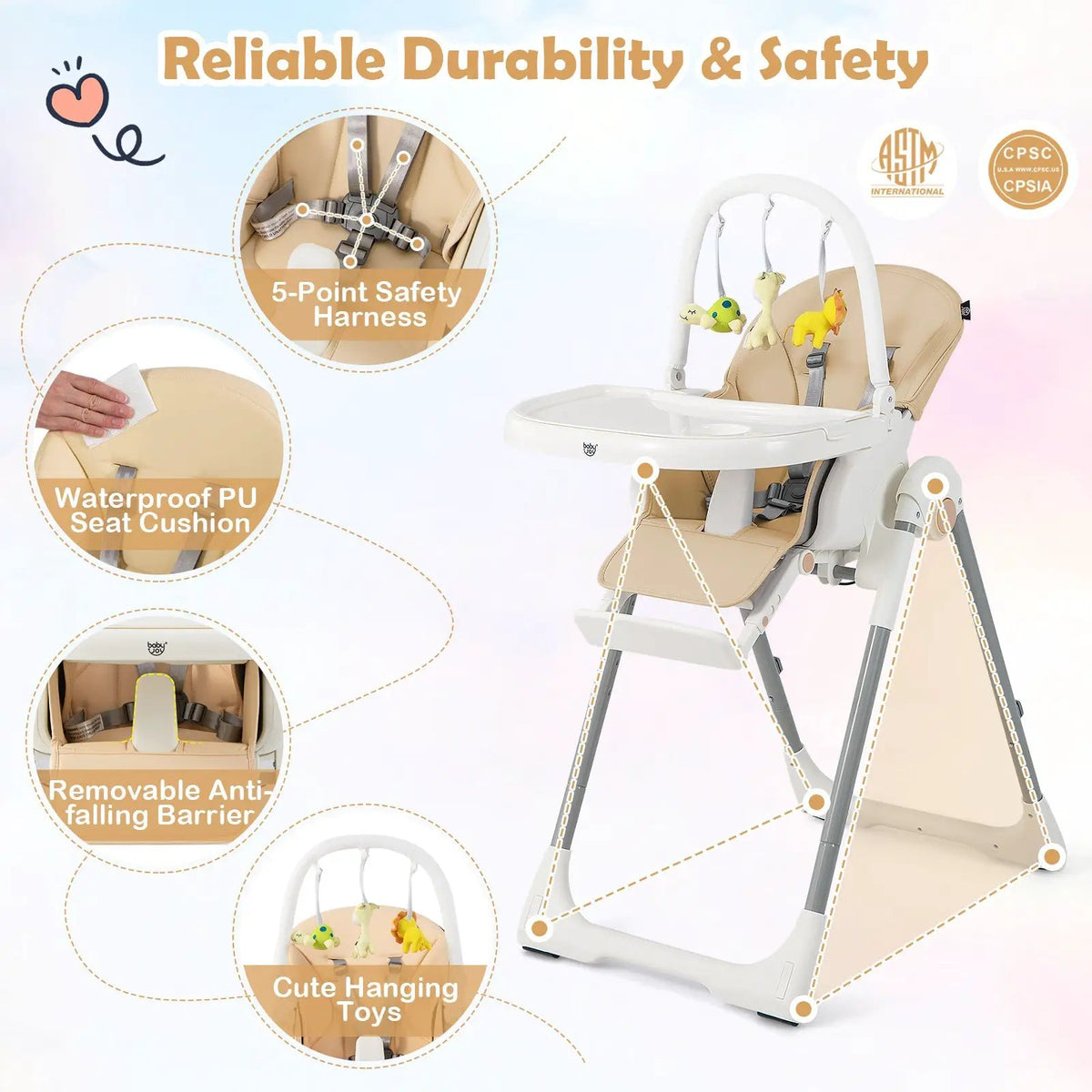 4-in-1 Foldable Baby High Chair with 7 Adjustable Heights and Free Toys Bar by DirectDeals