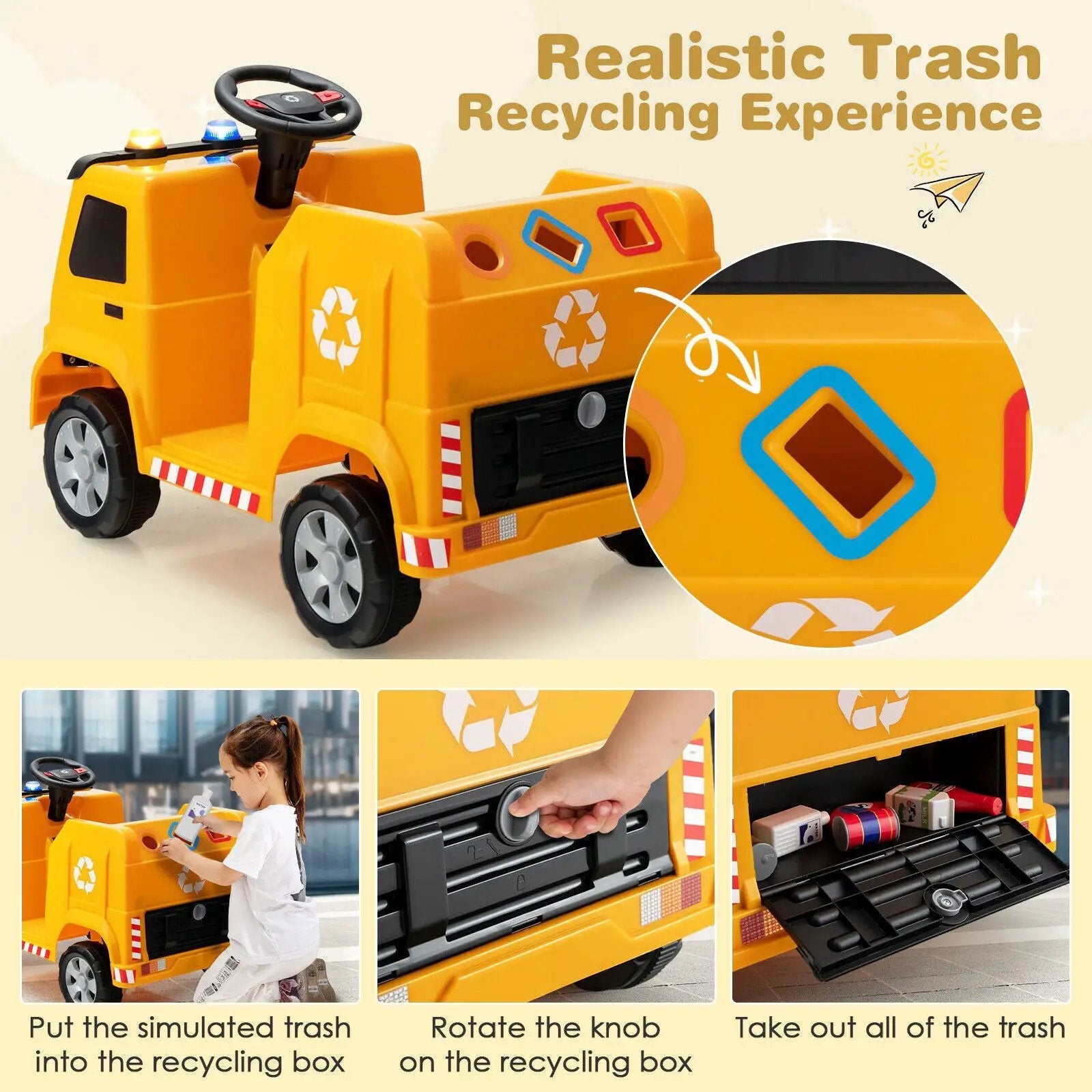 12V Kids Ride-on Garbage Truck with Warning Lights and 6 Recycling Accessories by DirectDeals