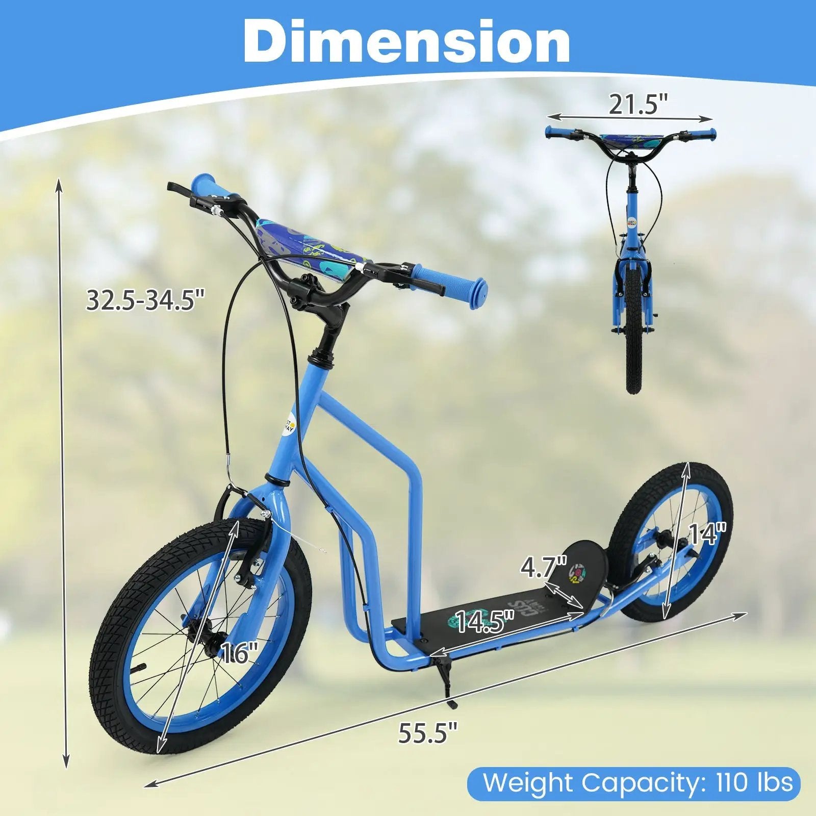 Youth Scooter with Adjustable Handlebar and 16/14-Inch Inflatable Wheels for Age 8+ Years Old by DirectDeals