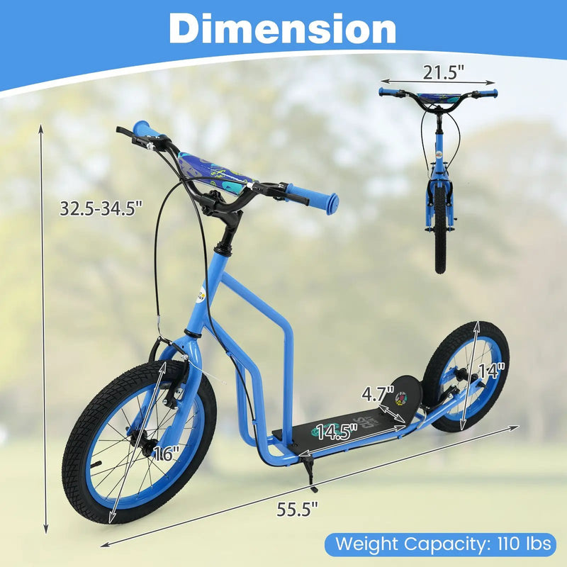 Youth Scooter with Adjustable Handlebar and 16/14-Inch Inflatable Wheels for Age 8+ Years Old by DirectDeals