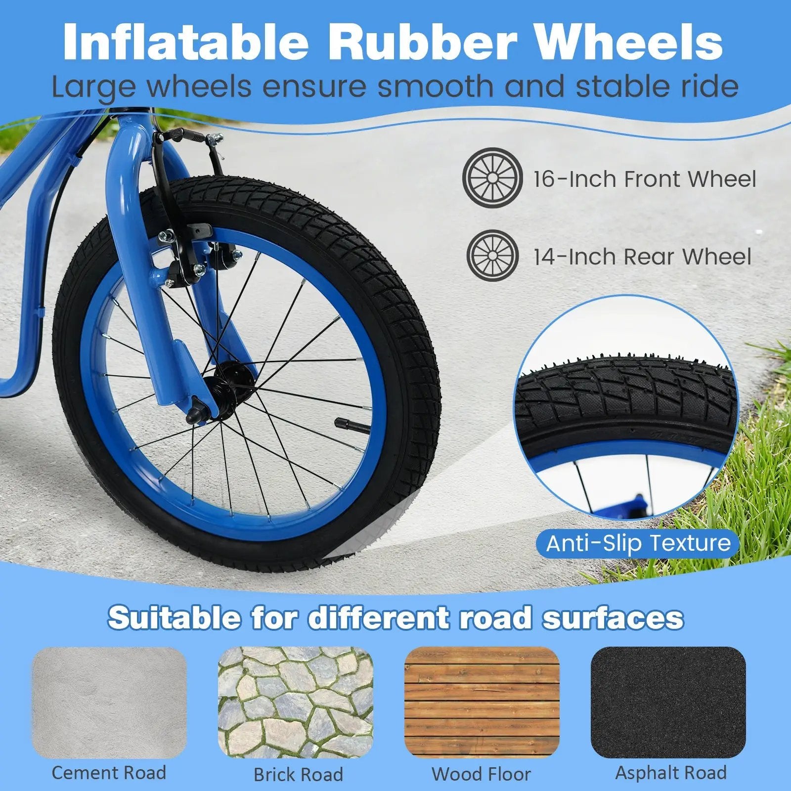 Youth Scooter with Adjustable Handlebar and 16/14-Inch Inflatable Wheels for Age 8+ Years Old by DirectDeals