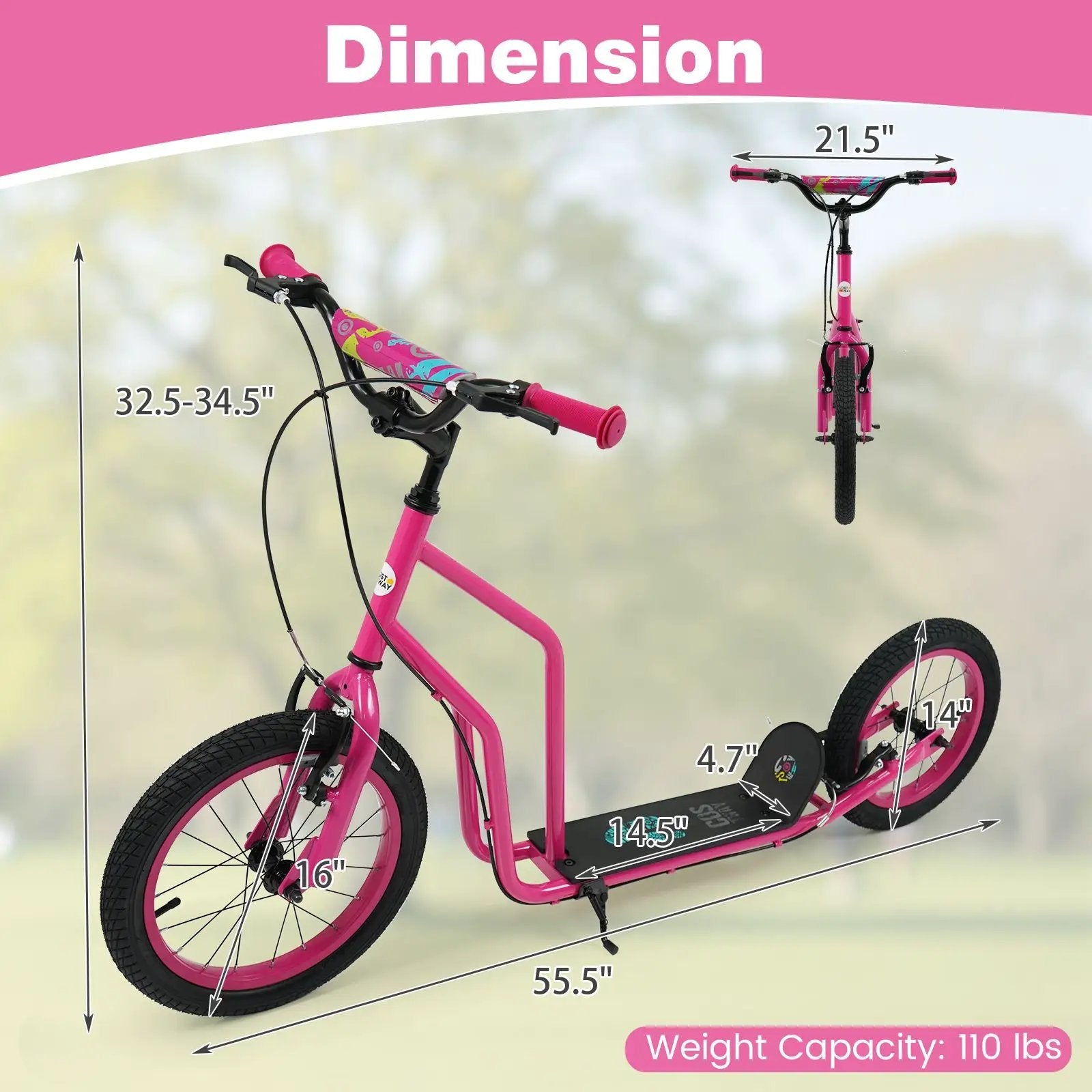 Youth Scooter with Adjustable Handlebar and 16/14-Inch Inflatable Wheels for Age 8+ Years Old by DirectDeals