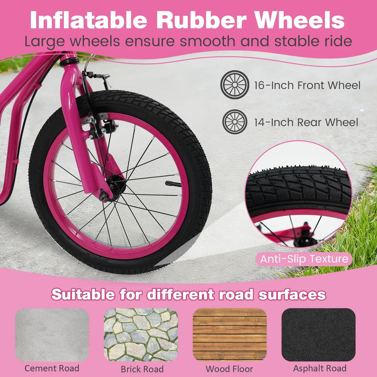 Youth Scooter with Adjustable Handlebar and 16/14-Inch Inflatable Wheels for Age 8+ Years Old by DirectDeals