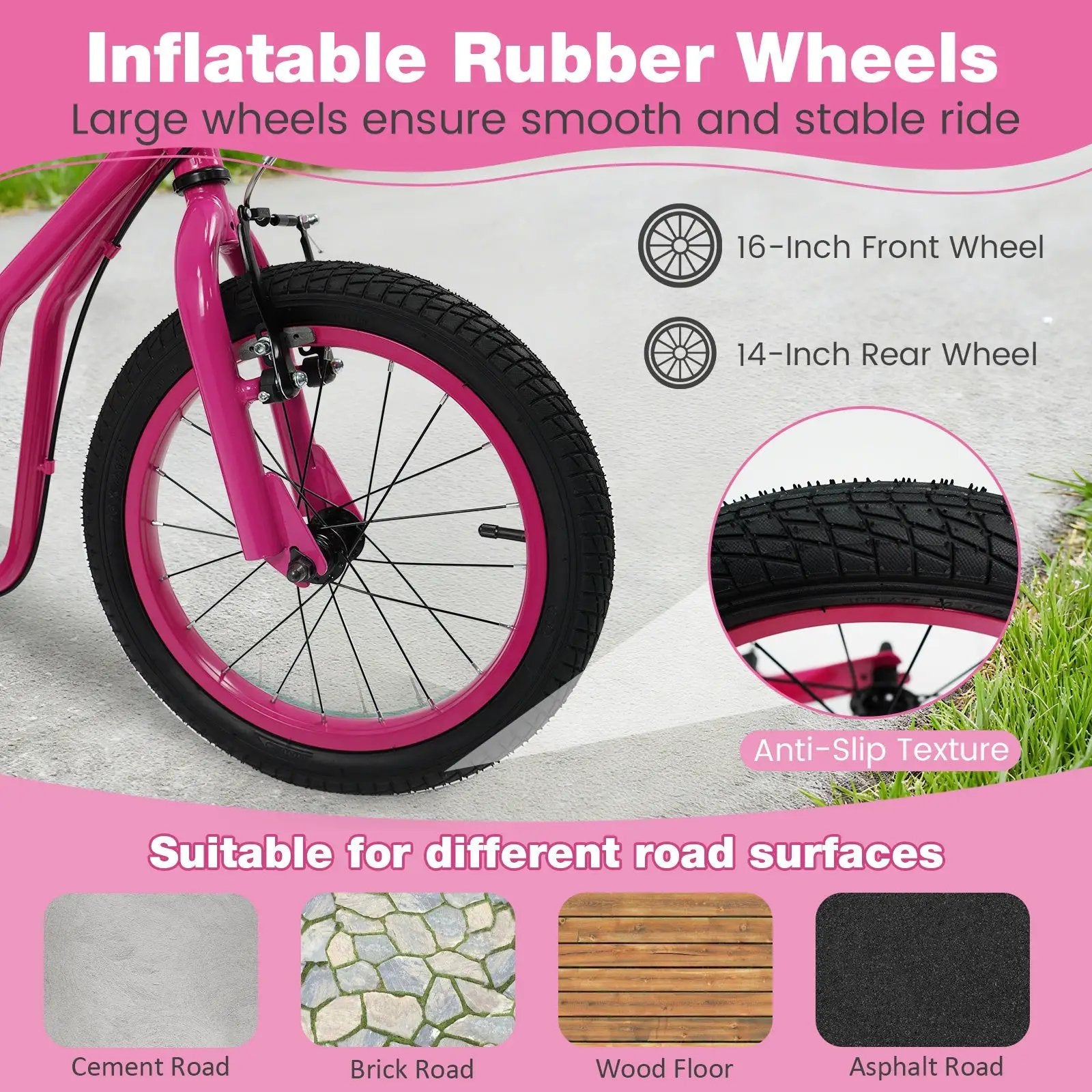 Youth Scooter with Adjustable Handlebar and 16/14-Inch Inflatable Wheels for Age 8+ Years Old by DirectDeals