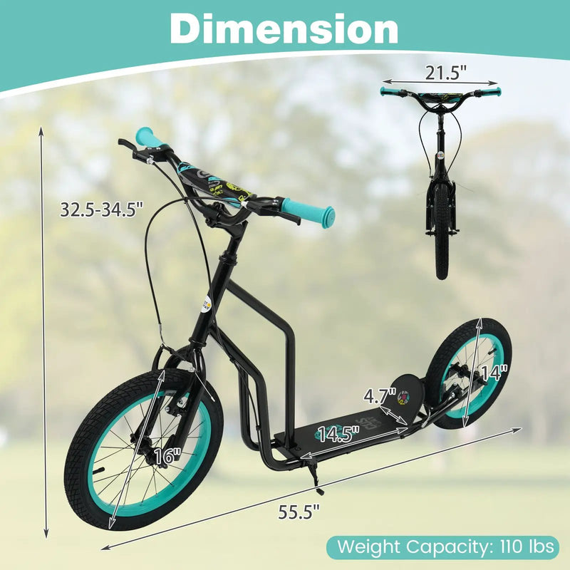 Youth Scooter with Adjustable Handlebar and 16/14-Inch Inflatable Wheels for Age 8+ Years Old by DirectDeals