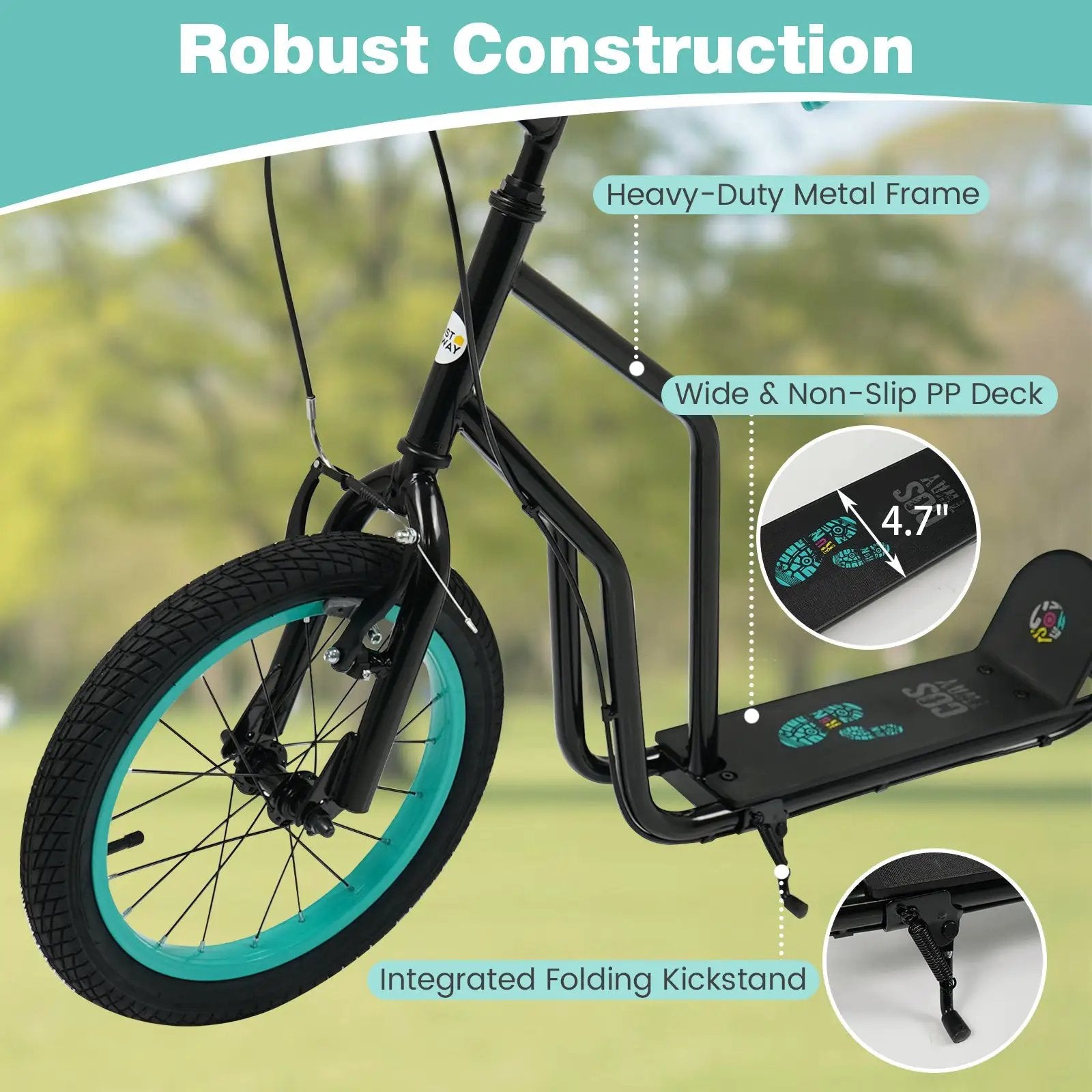 Youth Scooter with Adjustable Handlebar and 16/14-Inch Inflatable Wheels for Age 8+ Years Old by DirectDeals