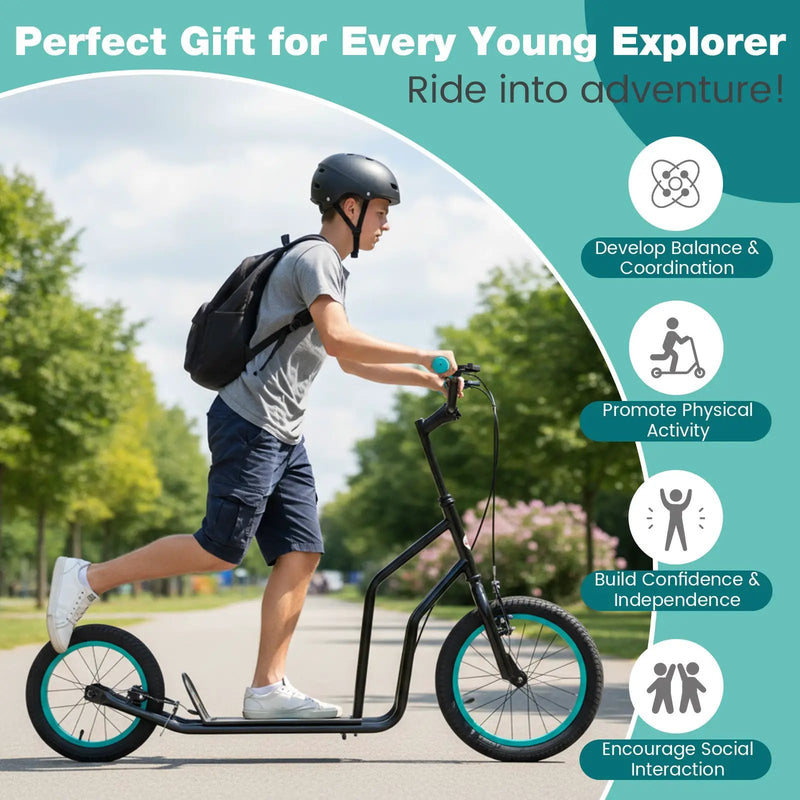 Youth Scooter with Adjustable Handlebar and 16/14-Inch Inflatable Wheels for Age 8+ Years Old by DirectDeals