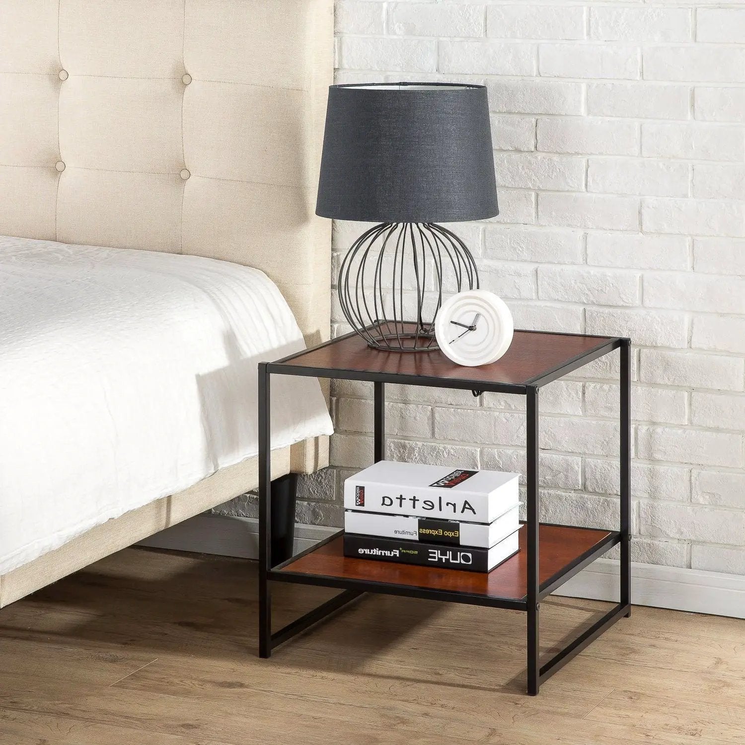 Modern Steel Frame End Table Nightstand in Brown by HomePacific