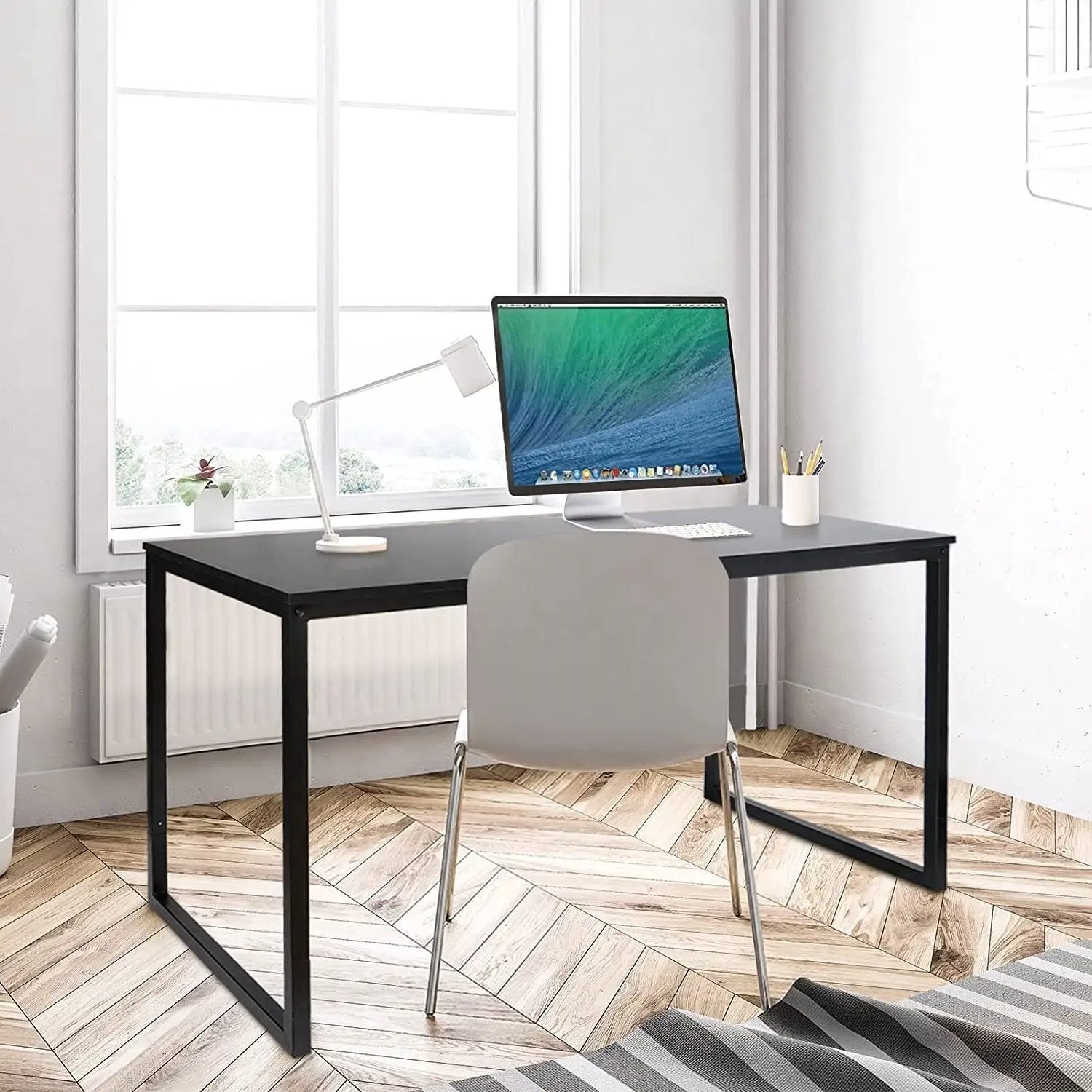 Black Metal Frame Wood Top Modern Home Office Laptop Computer Desk Writing Table by HomePacific