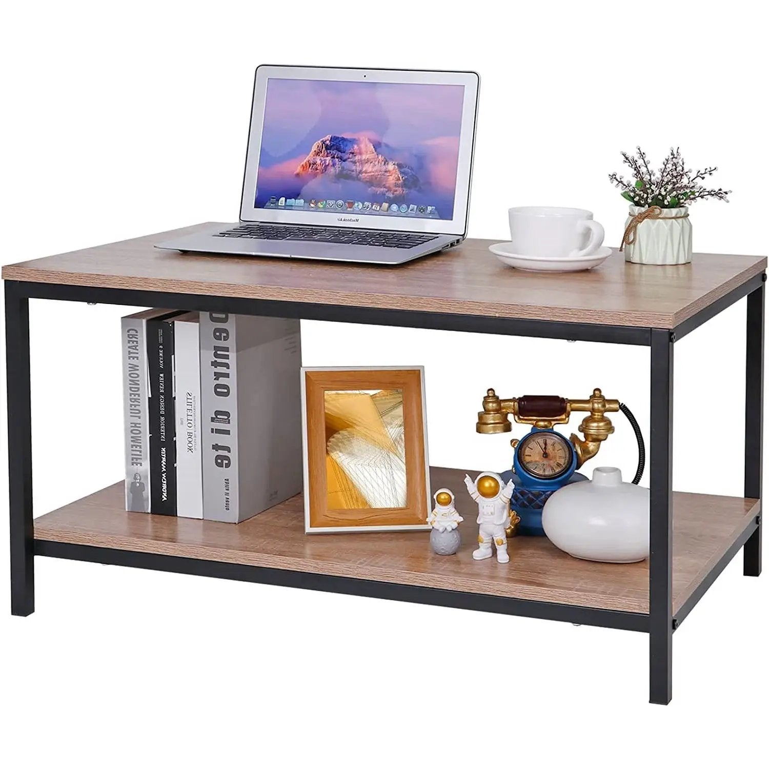 Modern 2-Tier Metal Wooden Coffee Table in Natural Wood Finish by HomePacific