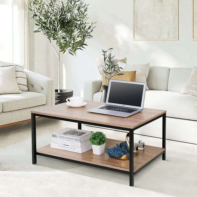 Modern 2-Tier Metal Wooden Coffee Table in Natural Wood Finish by HomePacific